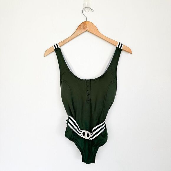 Seafolly Women's Green and White Tank Maillot Belted One Piece Swimsuit - Picture 2 of 16